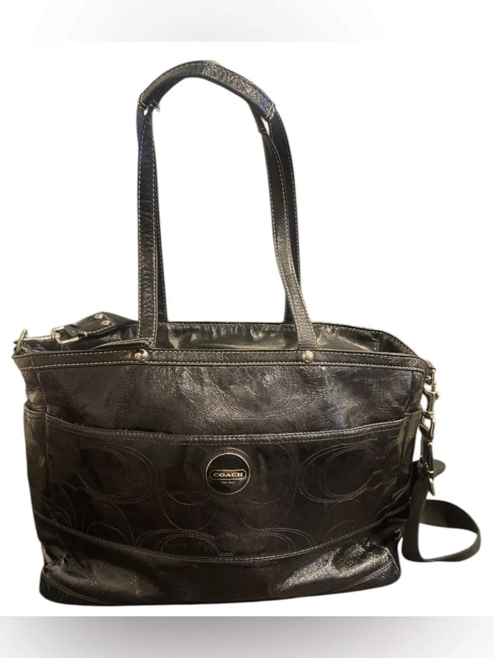 Coach Tote Diaper Bag Work Multifunction Signature C Black Patent Leather